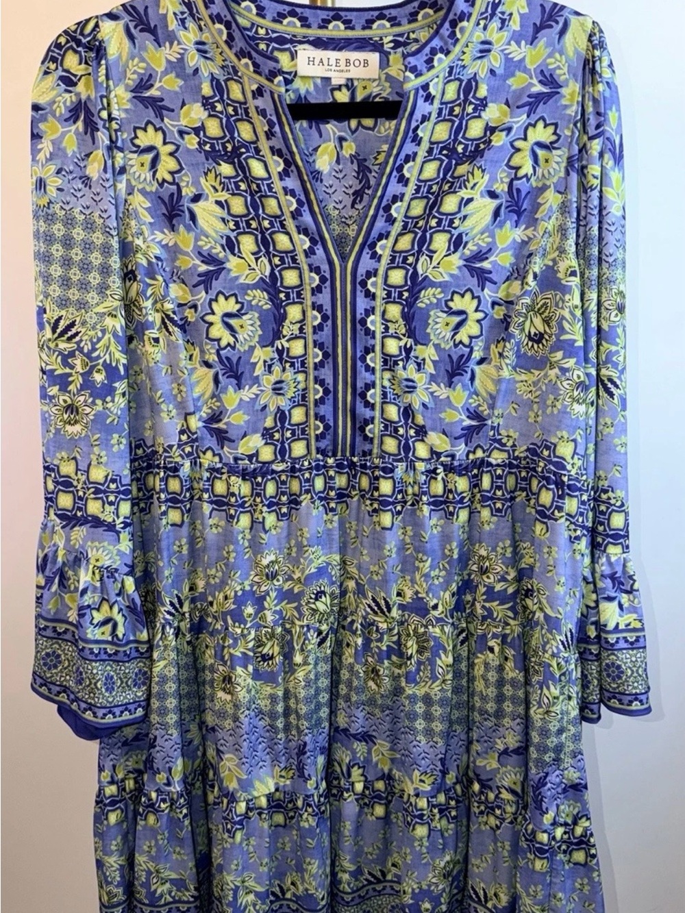 Hale Bob Mabel Jersey Dress XL Blue Floral Boho Tiered Ruffle Mini Flare Sleeve
